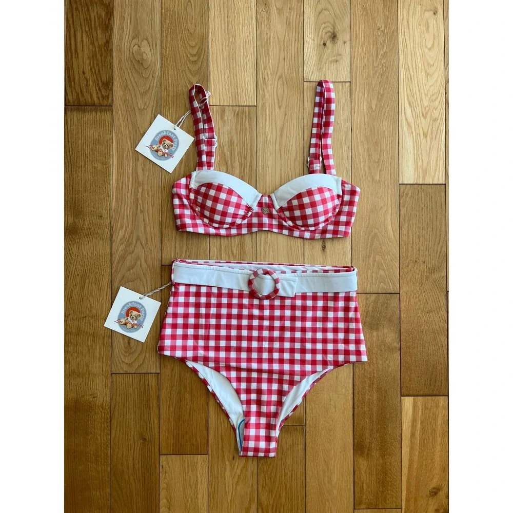 NEW Breakfast Party Cherry Waffle Gingham Bikini Swim Suit High Waist Retro Sz M